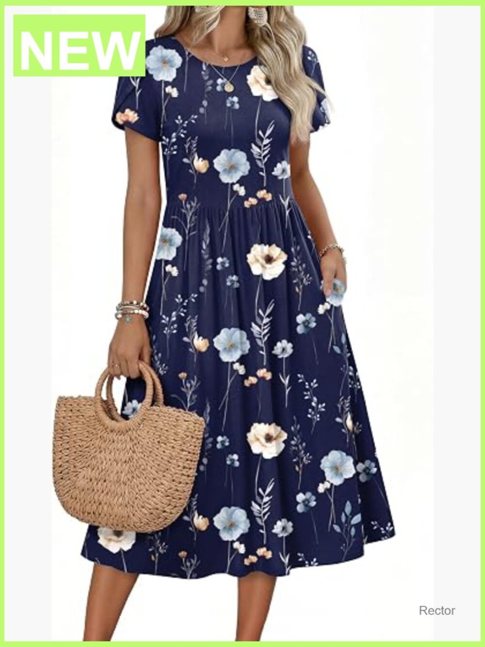Casual Short Sleeve Midi Dress with Pockets Flowy A-Line T-Shirt Dress - Picture 1 of 7
